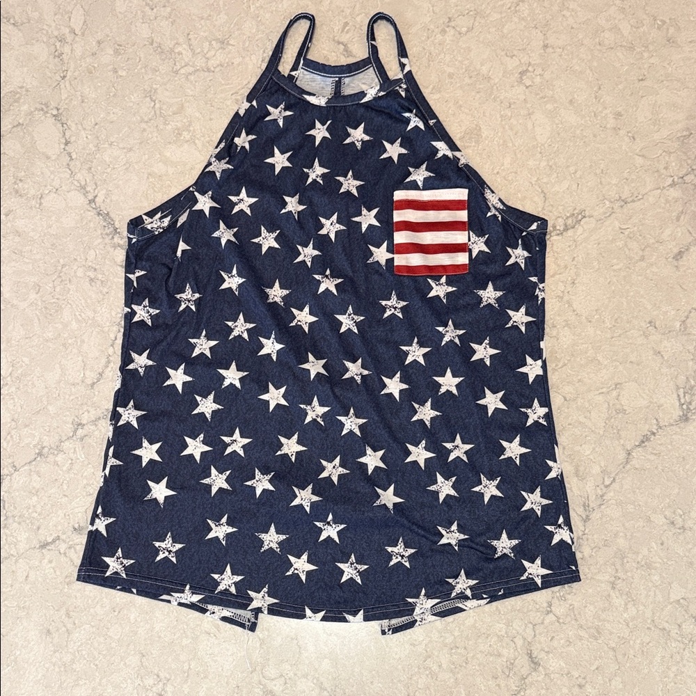 Star Patterned Tank Top with Striped Pocket